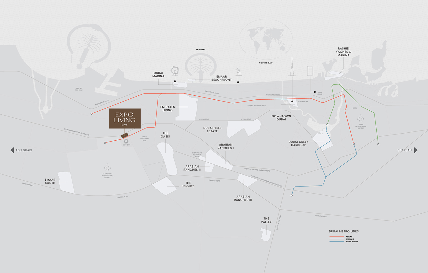 Terra Woods Dubai location map showing proximity to Expo City, Al Maktoum Airport, and Dubai Marina